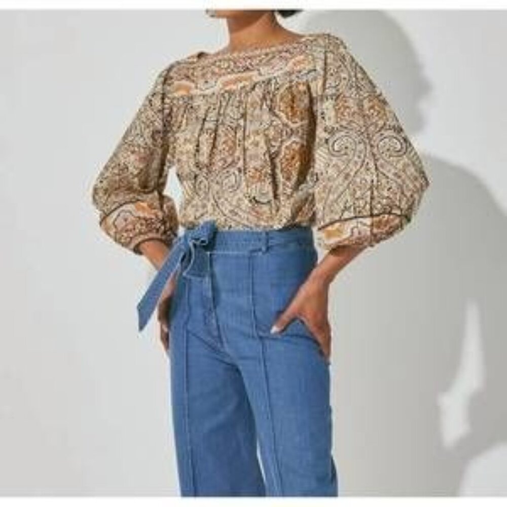 Cleobella Paisley Print Puff Sleeve Blouse - Earth Tones - Size Small Like New
